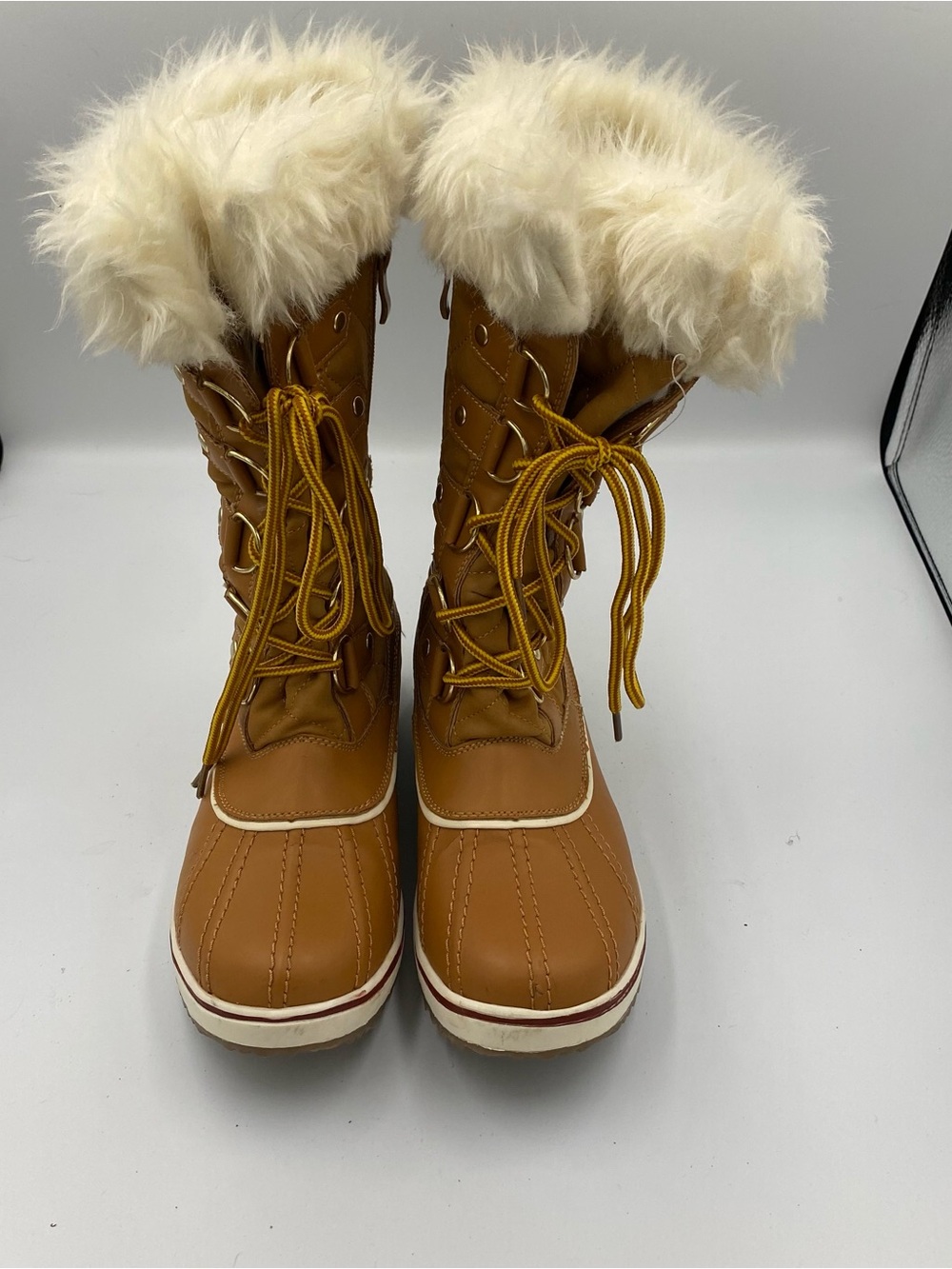 Global Win Tan Winter Lace-Up Boots with Cream Faux-Fur Collar